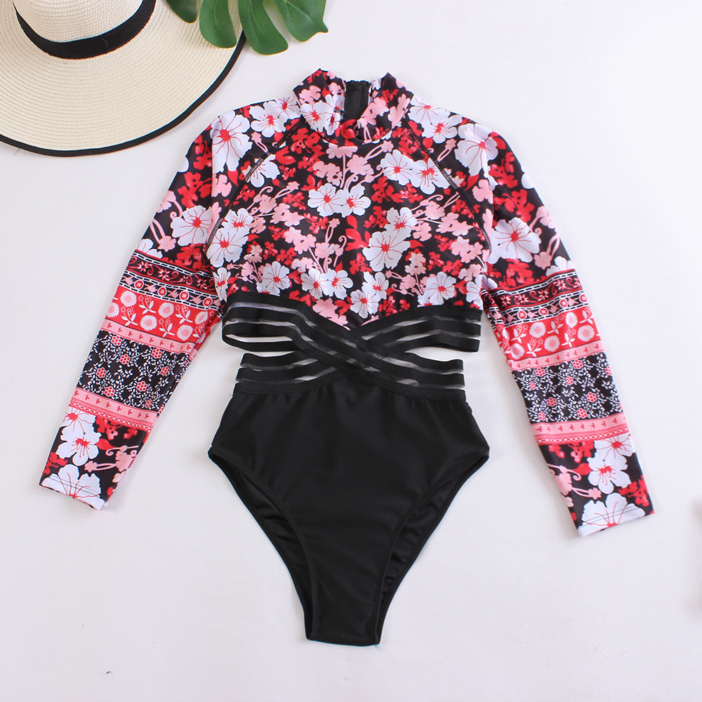 Wholesale Back Zipper Printed Long Sleeve One-Piece Sunscreen Hollow Skinny Polyester Swimwear